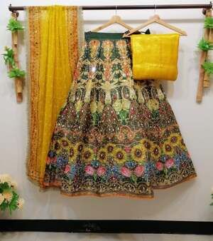 Siddhartha Bansal Yellow Fresh Gardenia Embroidered Raw Silk Lehenga Choli Set